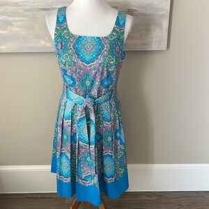 Talbots Petites striking blue print dress with pleated skirt